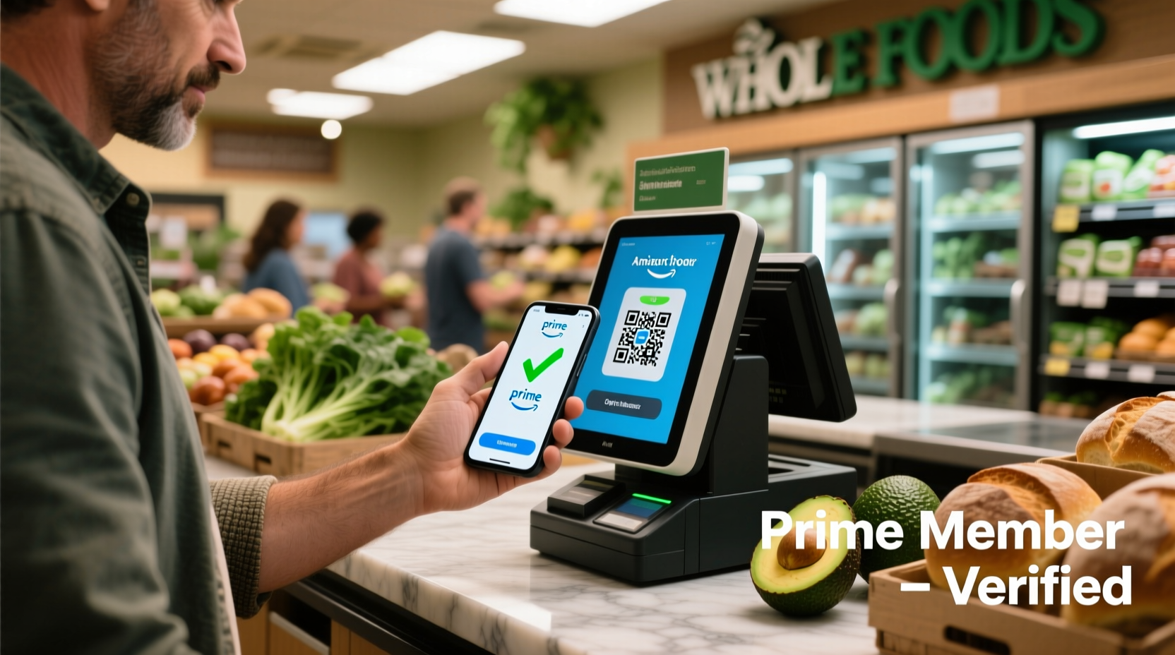 Amazon Prime customer using smartphone at Whole Foods checkout