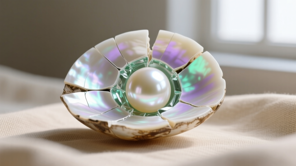 Macro photo of a chipped vintage faux pearl revealing the clear glass bead core beneath the iridescent pearlescent guanine coating.