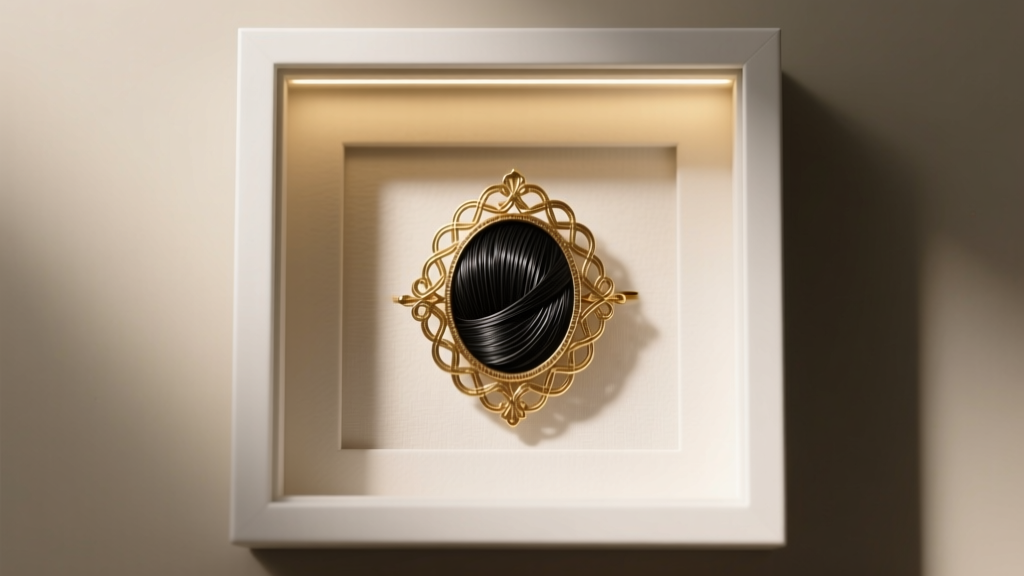 Victorian mourning hair brooch in a shadow box with acid-free matting and warm LED lighting highlighting the woven gold detail.
