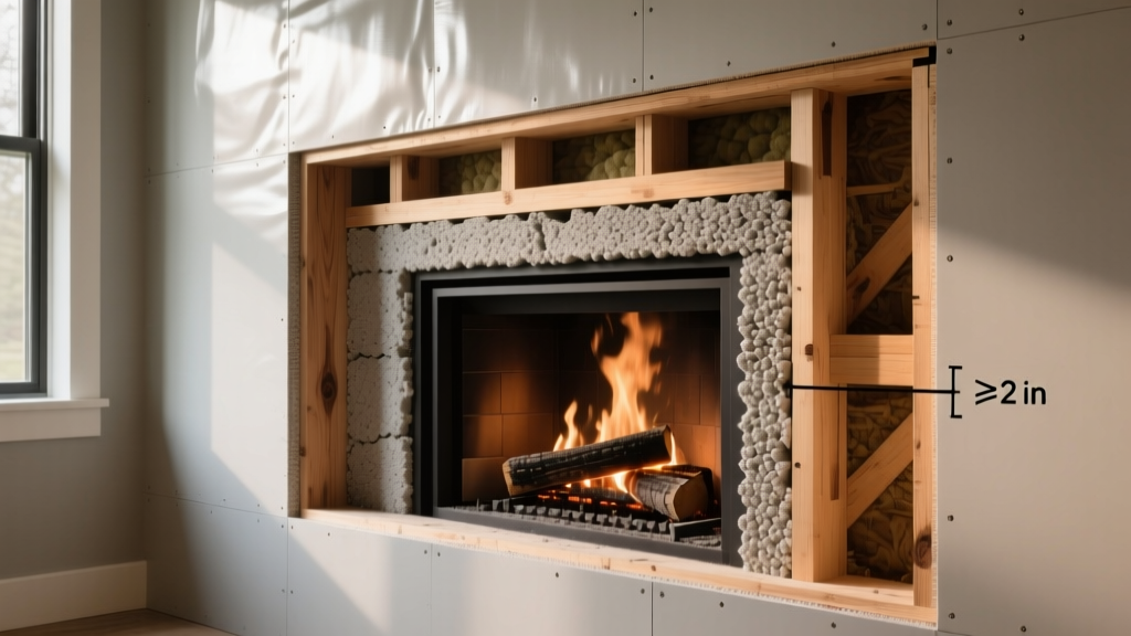 Cross-section of modern wood fireplace showing Type X drywall, calcium silicate insulation, and clearance to wooden framing