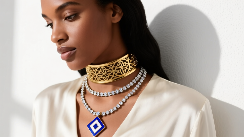 Layered styling showing a 14-inch gold choker, an 18-inch enamel nazar pendant, and a 22-inch diamond station chain on a model.