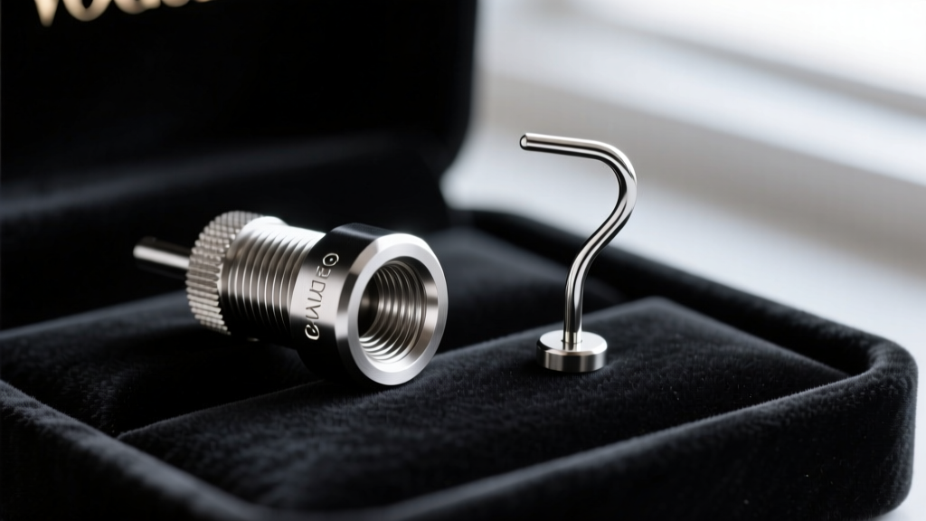 Macro view of an internally threaded titanium labret post and a bent threadless push-pin post on a dark velvet jewelry tray.