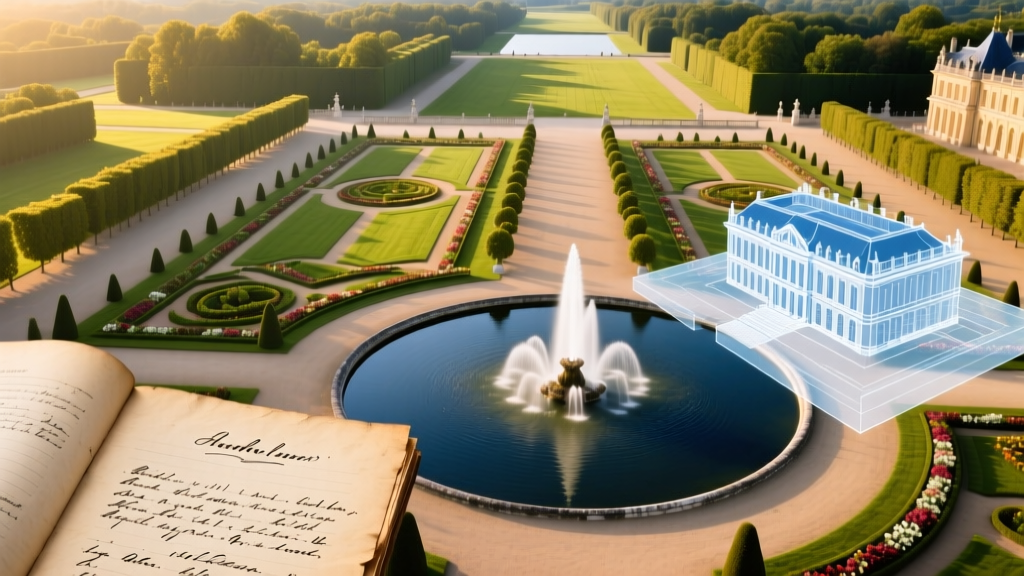 Aerial view of the Palace of Versailles grand gardens and fountains juxtaposed with modern architectural blueprints and financial ledgers