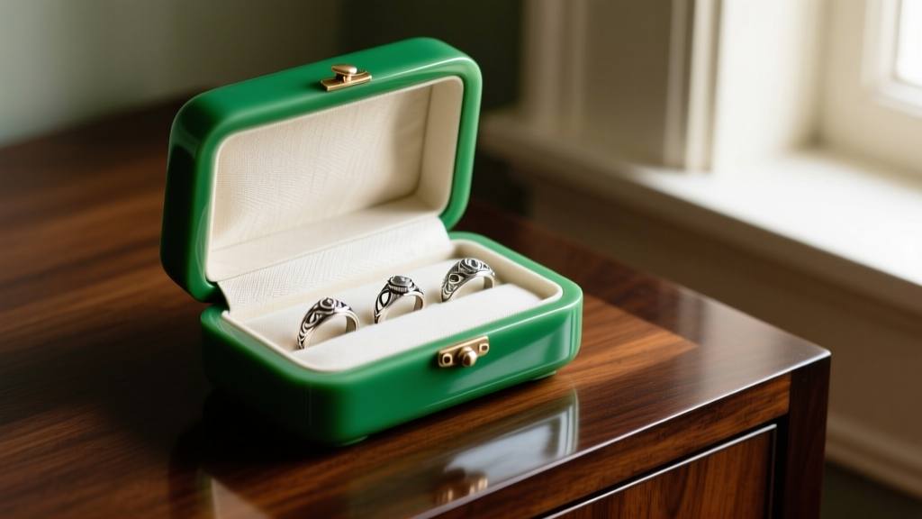 Restored 1940s apple green Catalin jewelry box on dark oak dresser, lid open revealing unbleached cotton lining and silver rings.