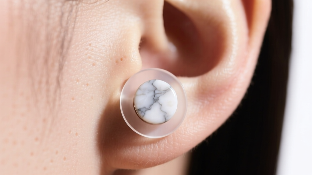 Close-up of an earlobe wearing a marble stud supported by a clear silicone disc, keeping the heavy jewelry perfectly upright.
