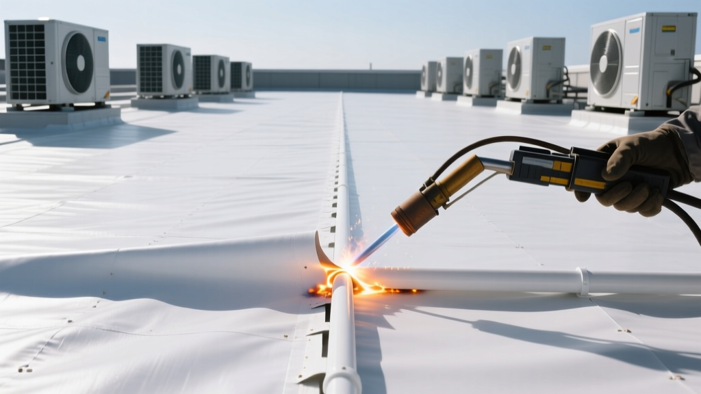 White PVC single-ply roofing membrane being heat-welded at the seams on a commercial flat roof with HVAC units in the background