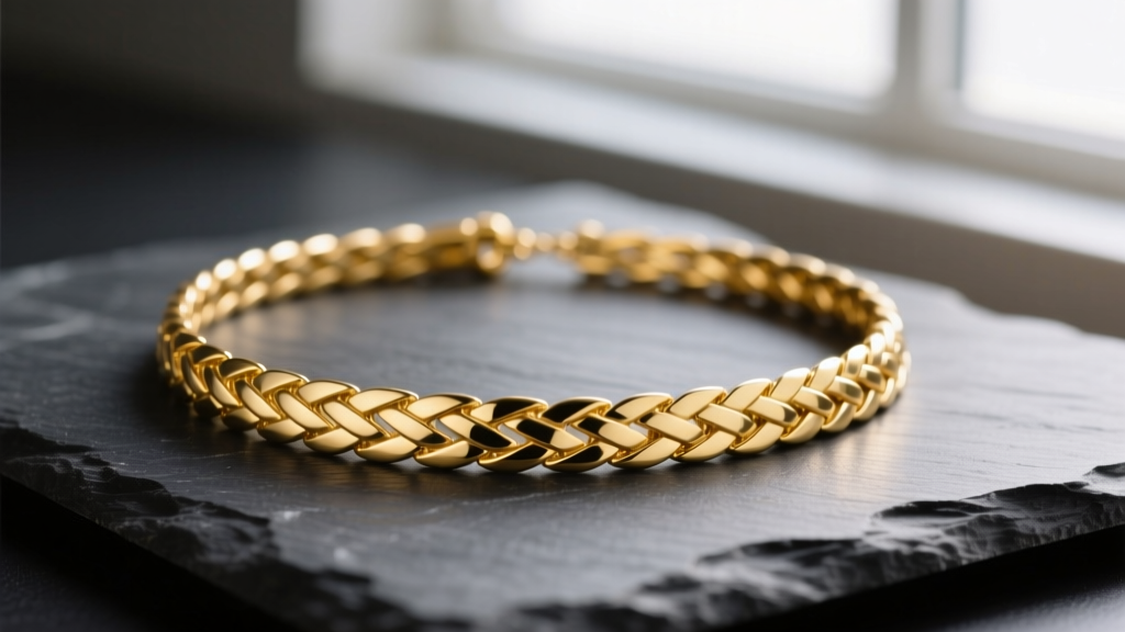 Close-up of a polished 14k yellow gold herringbone v necklace draped over a dark slate surface, highlighting the flat woven links.