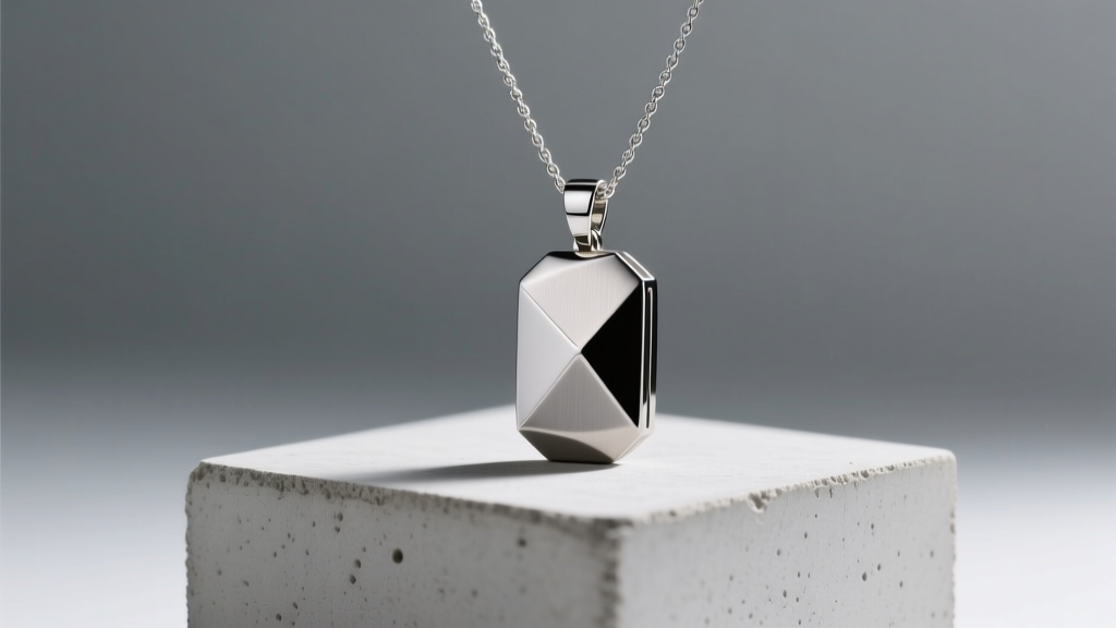 Polished Grade 5 titanium pendant necklace with a matte finish, displayed on a concrete pedestal under bright studio lighting.