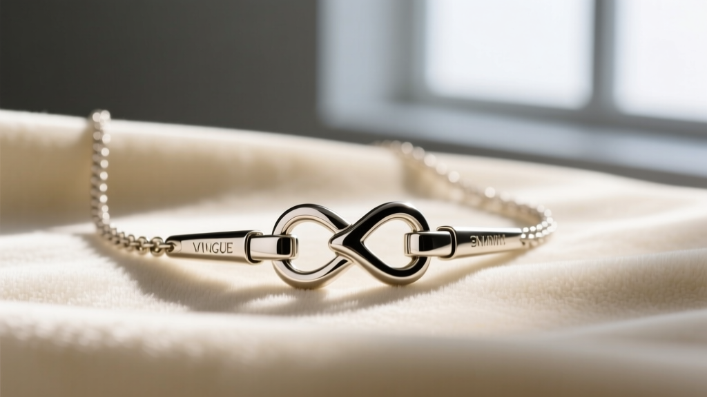 Macro shot of a box clasp with figure-8 safety catch on a 3mm tennis necklace, resting on soft cream velvet fabric.