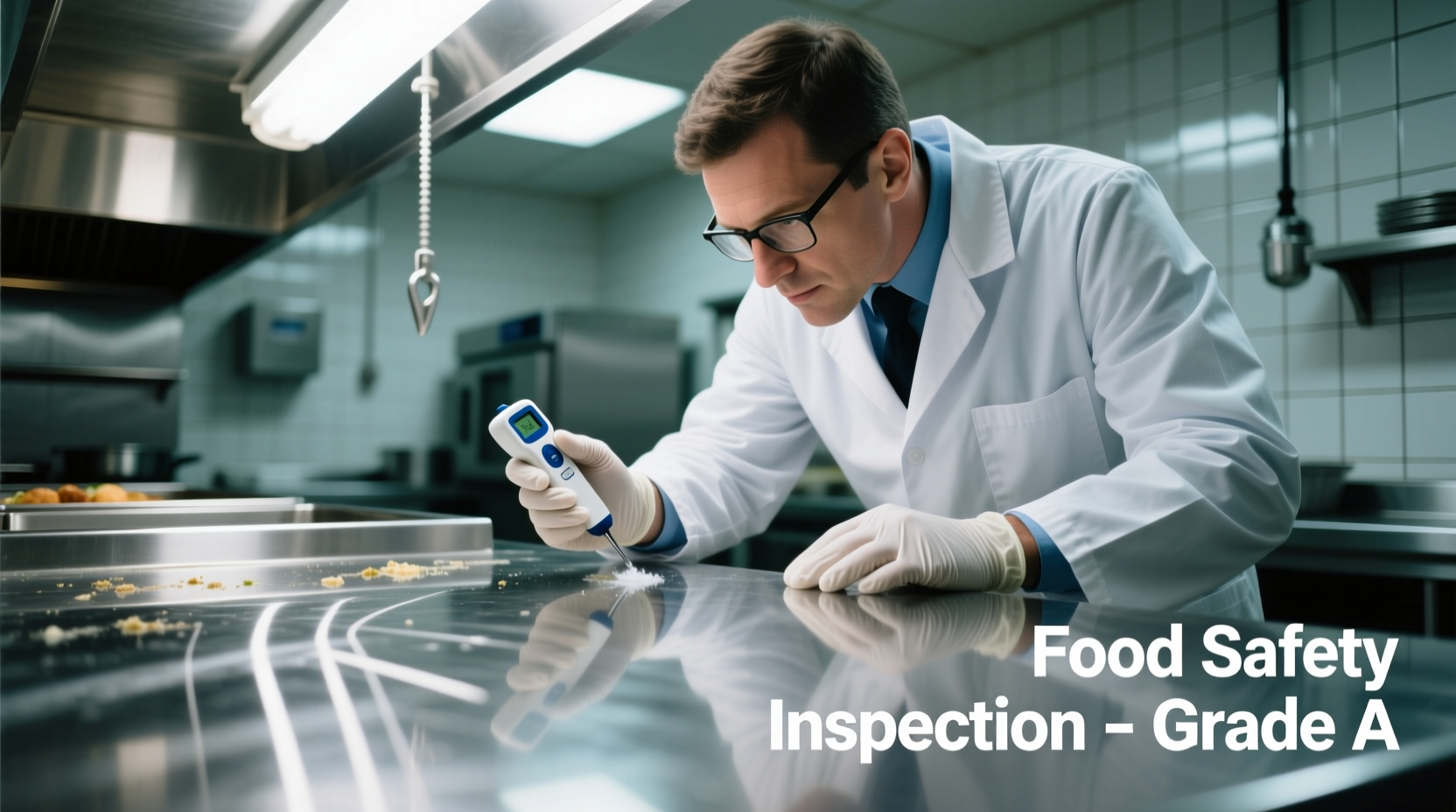 Food safety inspector examining stainless steel food preparation surface