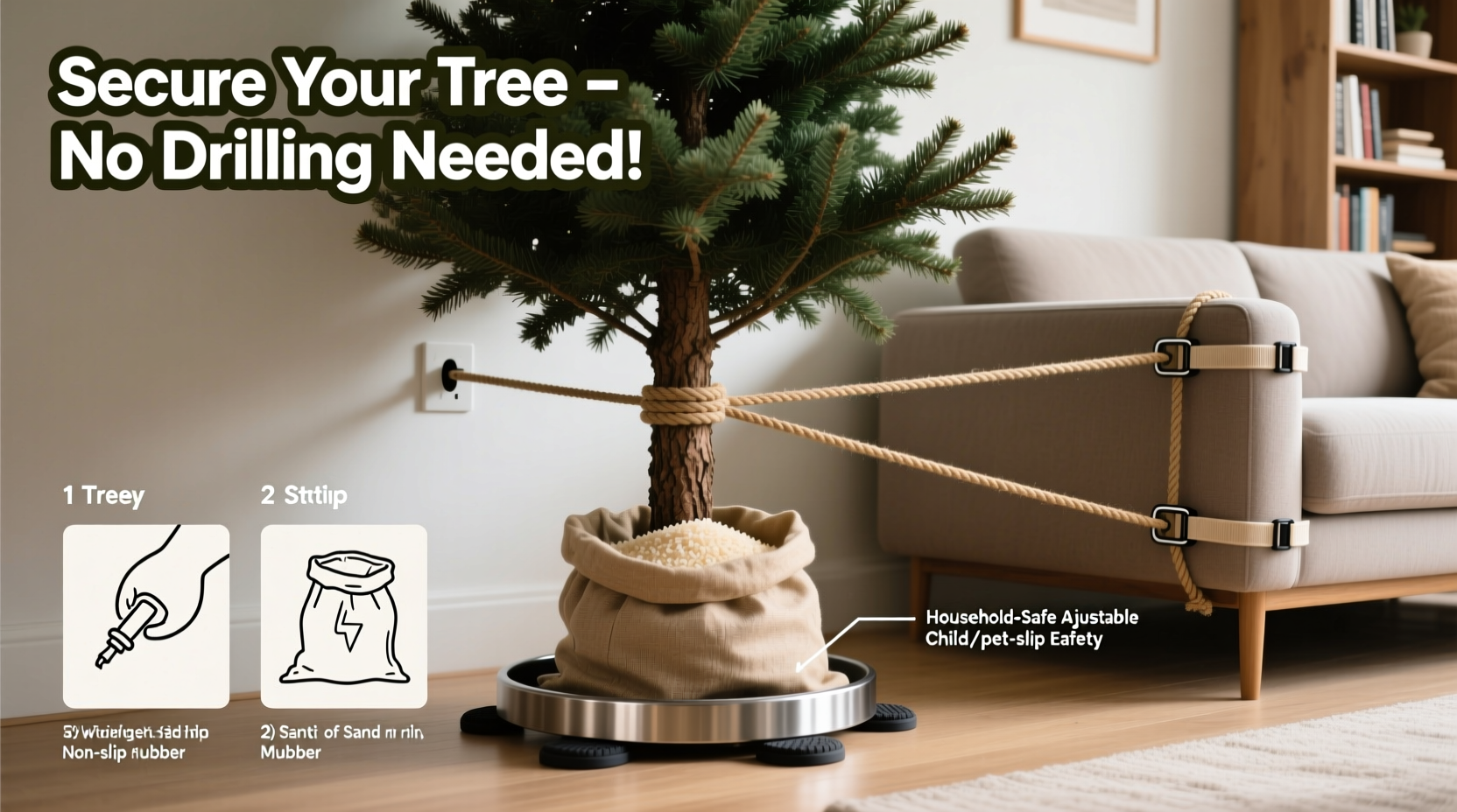 how to secure a tall christmas tree in an apartment with no wall anchor points