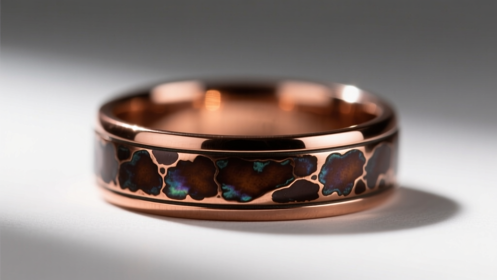 Macro shot of a mens copper band ring showing a rich, dark brown liver of sulfur patina contrasting with polished high metal edges.
