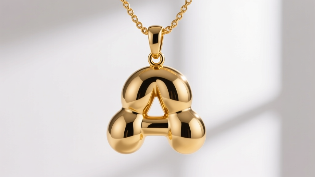 Macro shot of a puffy 18k gold bubble letter A pendant on a delicate rope chain, highlighting seamless soldering at the top bail