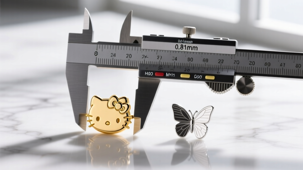 Digital calipers measuring the 0.81mm thickness of a 20-gauge gold Hello Kitty earring post next to a standard butterfly back.