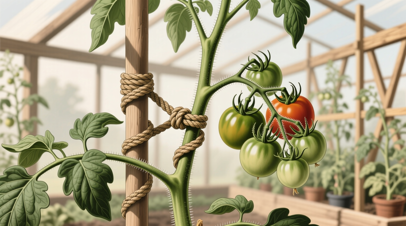 Proper figure-eight twine technique on tomato plant