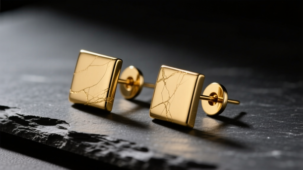 Close-up of vintage Robert Lee Morris matte gold brass clip-on earrings on dark slate under warm, moody studio lighting.