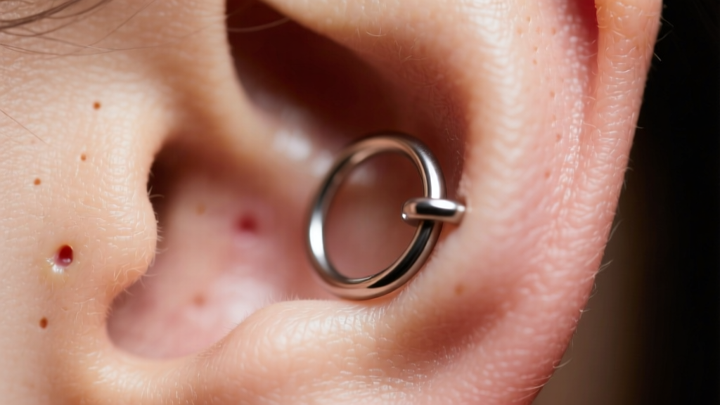 Extreme close-up of an 18-gauge implant-grade titanium 9mm micro-hoop secured in a healed tragus piercing under studio lighting