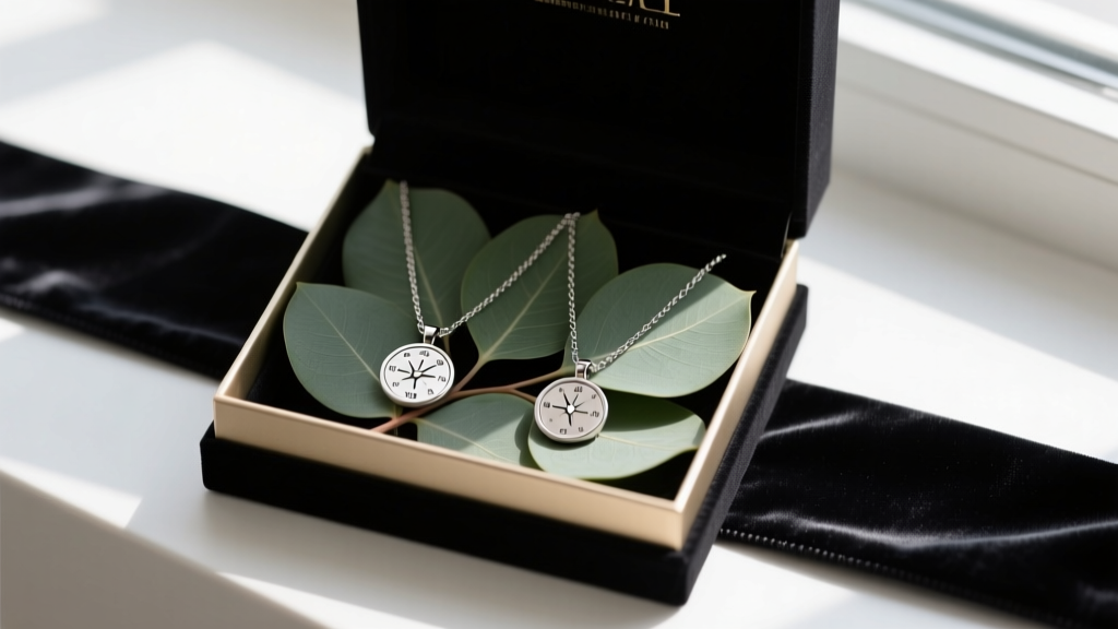 Gift box displaying two titanium couple necklaces with engraved coordinates, resting on eucalyptus leaves and a dark velvet ribbon