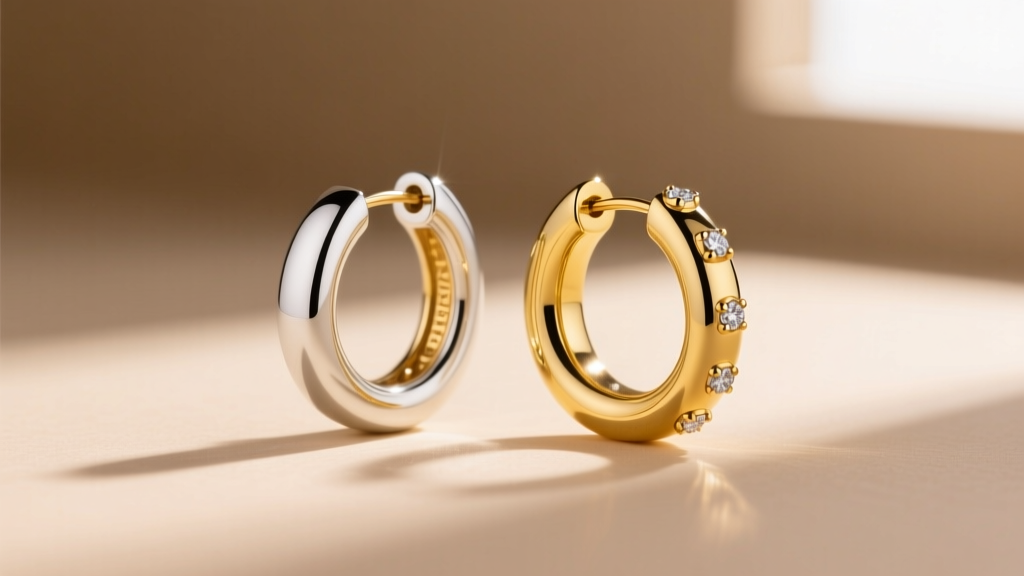 Close-up of an ear stack with two-tone white and yellow gold huggie hoops and studs against a soft beige studio backdrop.