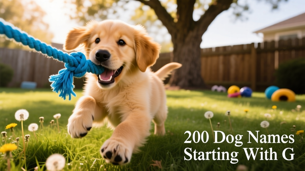 Golden Retriever puppy playfully tugging on a blue rope toy in a sunlit backyard