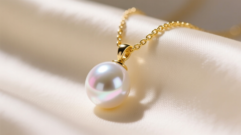 Close-up of an 8mm white Akoya pearl pendant on a delicate 14k yellow gold chain resting on cream silk in warm lighting.