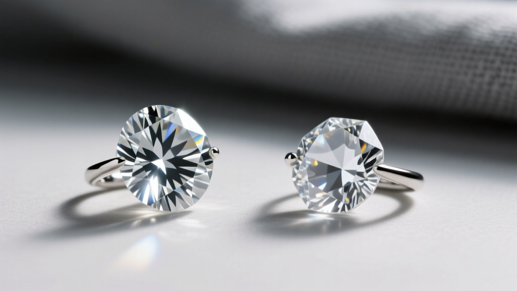 Macro comparison of a natural diamond and cubic zirconia under a jeweler's loupe, highlighting facet edge and inclusion differences.