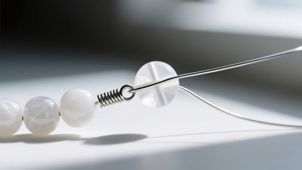 Macro shot of white howlite beads being strung on 0.015-inch silver beading wire, showing the crimp bead and wire loop clearly.