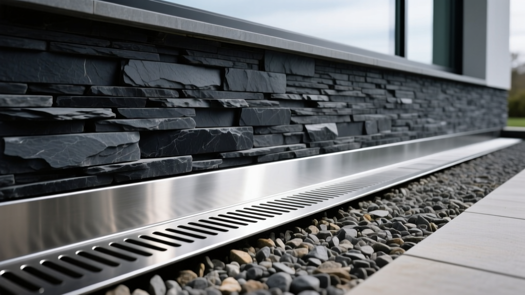 Stainless steel weep screed at the base of dark stacked slate stone veneer, showing clean drainage gaps above landscaping gravel