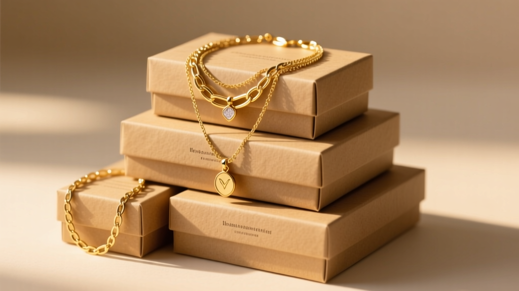 Gold-plated layered necklace and bracelet sets displayed in small kraft boxes under warm studio lighting for bulk event gifting.