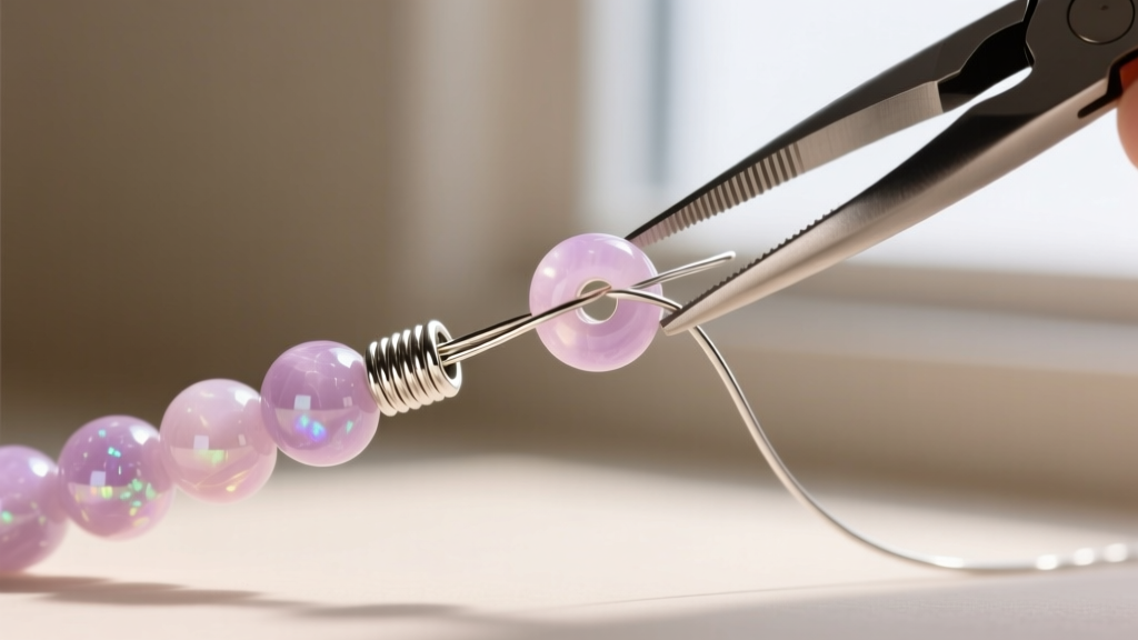 Close-up of threading 6mm lepidolite beads onto a 49-strand steel beading wire, showing a silver crimp bead and jewelry pliers.