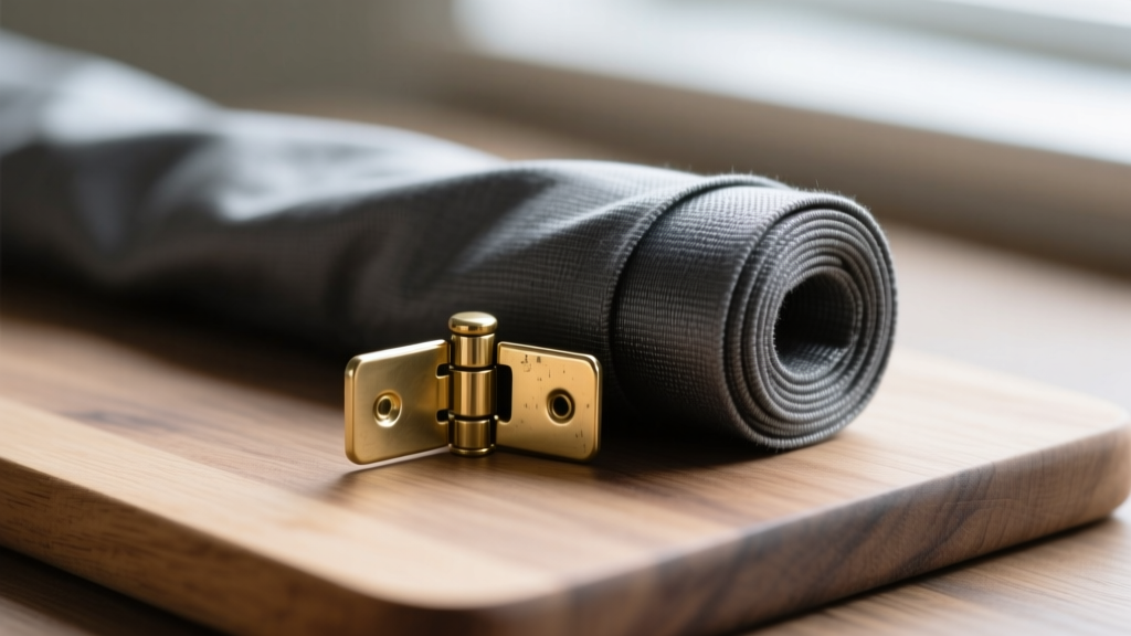 Macro shot of small brass quadrant hinges and a roll of dark grey anti-tarnish Pacific Silvercloth fabric on a wooden cutting mat