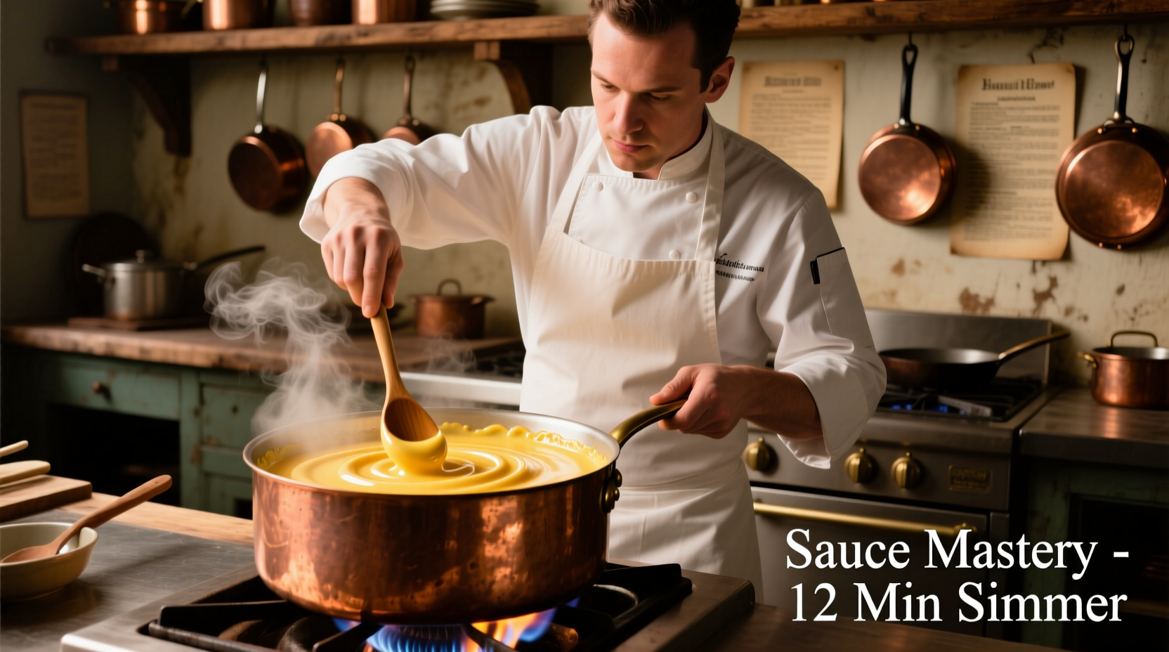 Chef stirring smooth cheese sauce in copper pot
