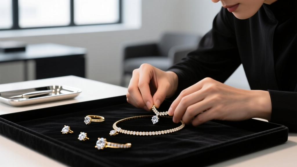 Jeweler's hands using two fine needles to untangle a delicate gold-plated brass cable chain, magnifying glass in soft focus.