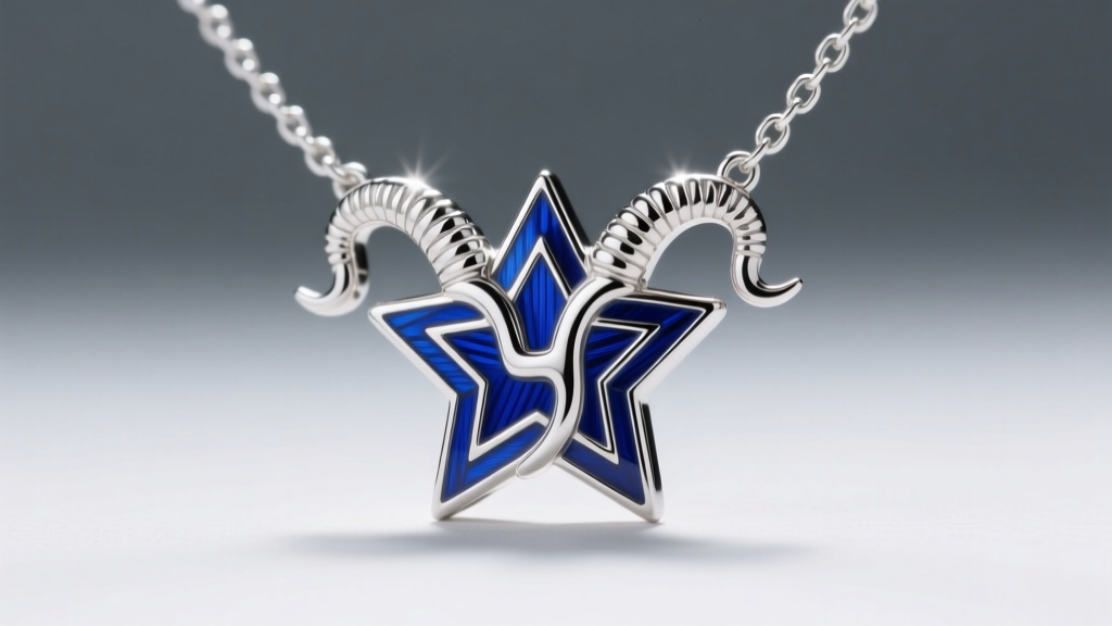 Macro shot of sterling silver Taurus star sign necklace with deep blue guilloché enamel and rhodium finish catching studio light