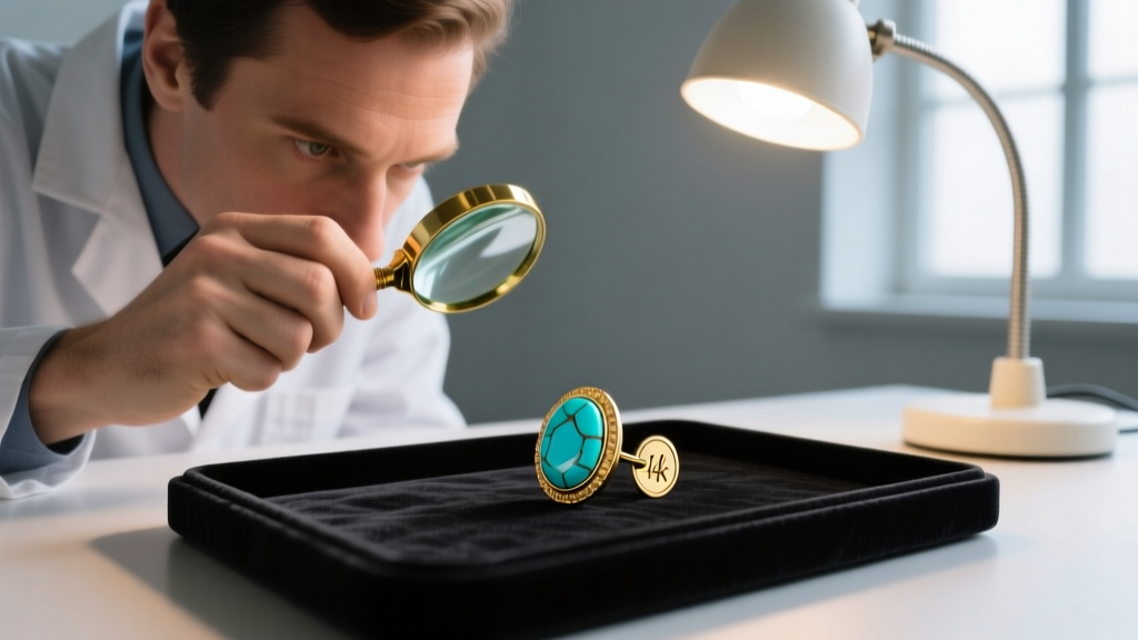 Jeweler using a loupe to examine the hallmark on a vintage 1970s 14k gold and turquoise earring post under a bright desk lamp.
