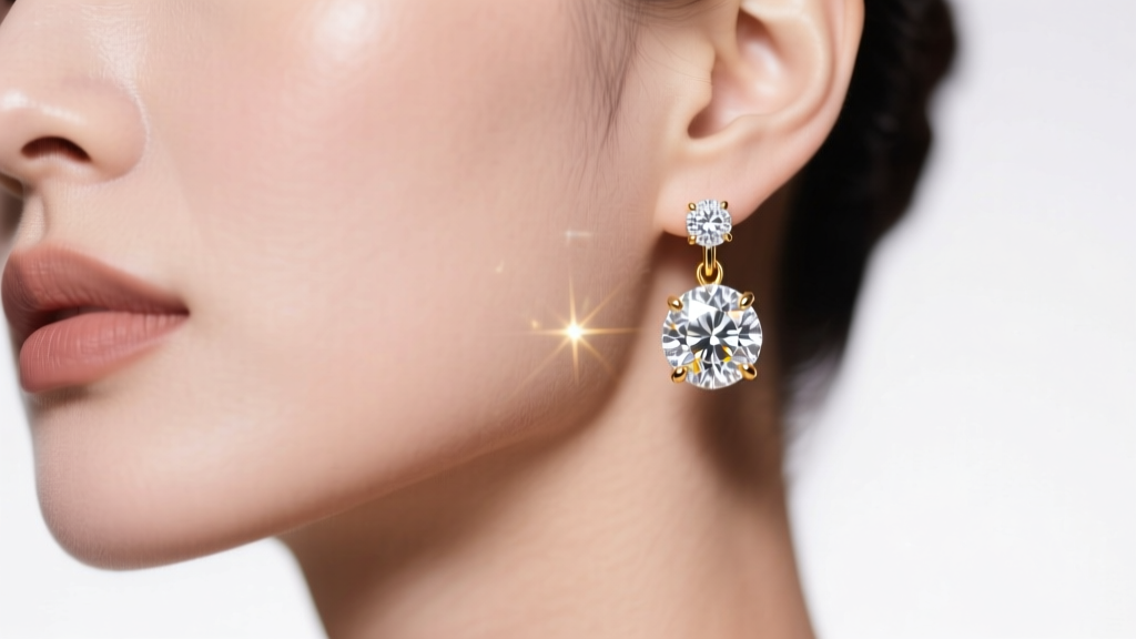 Close-up of a woman wearing 18k white gold round diamond drop earrings, highlighting brilliant cut stones catching soft studio light