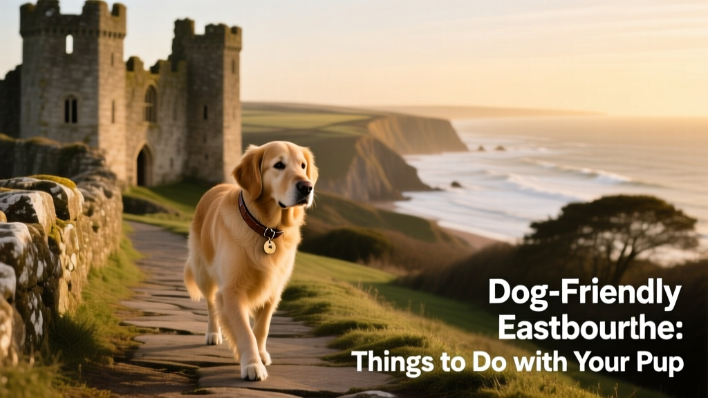 A dog walking along a historic stone path at Pevensey Castle with coastal views