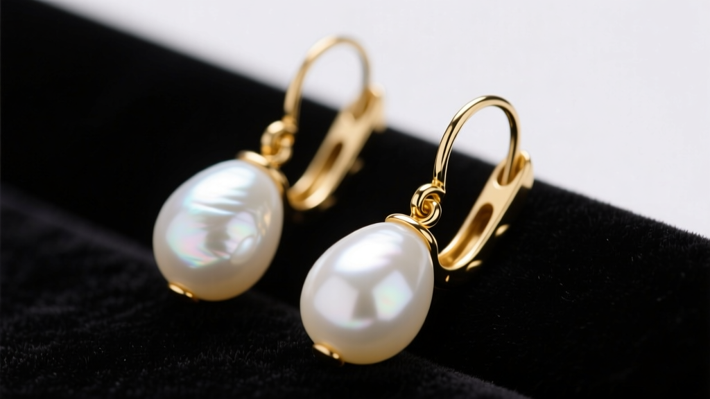 Close-up of white baroque pearl drop earrings on gold leverback hooks resting on dark velvet, highlighting intense luster.