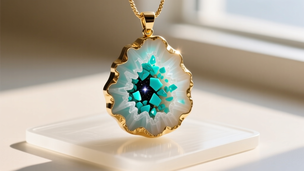 Macro shot of curing UV resin geode pendant featuring crushed turquoise inclusions and metallic gold leaf edges on a silicone mat.