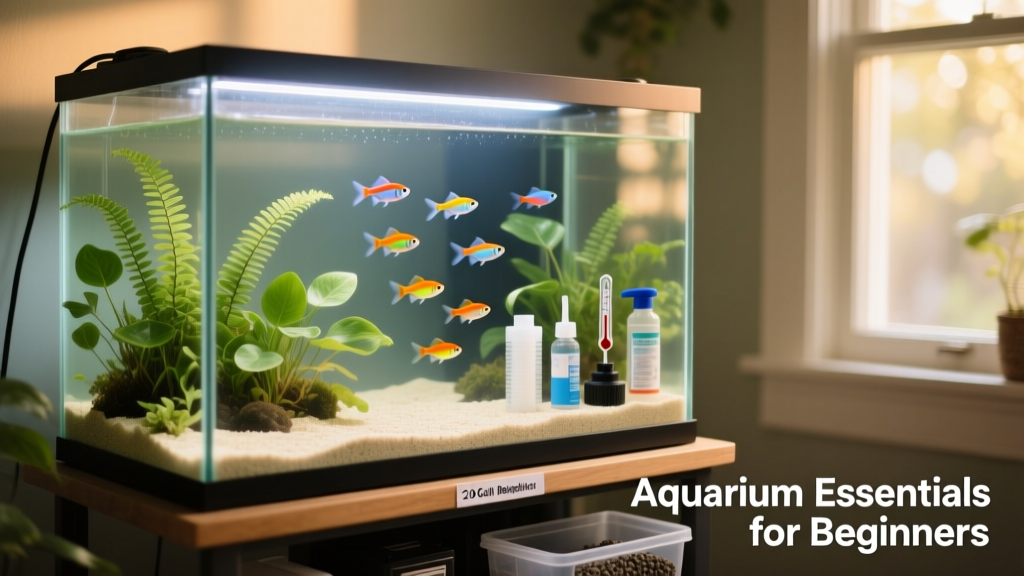 A beginner-friendly 20-gallon freshwater aquarium setup with clean substrate, live plants, gentle lighting, and calm schooling fish