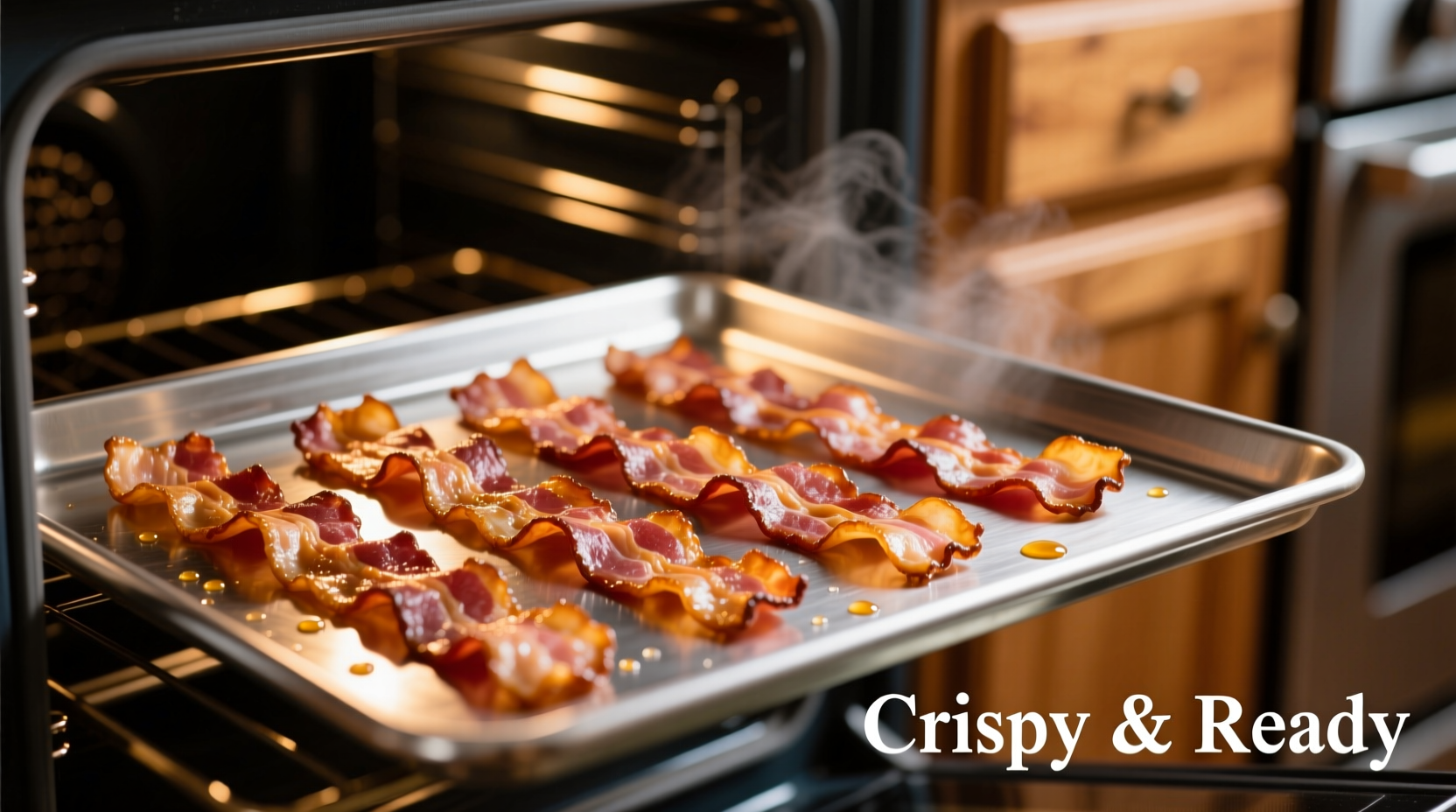 Bacon strips arranged on baking sheet in oven