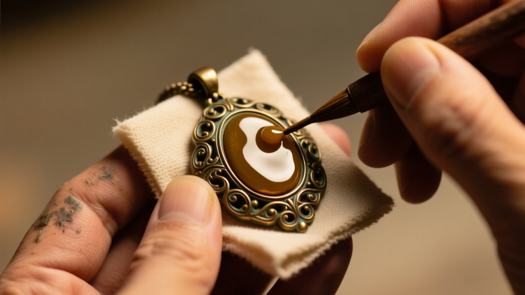 Close-up of hands applying protective wax to a bronze pendant using a microfiber cloth under warm studio lighting.