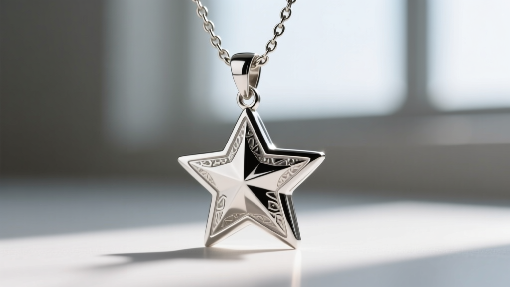 Macro shot of a silver star pendant back, revealing a poorly placed bail that causes the delicate celestial necklace to flip