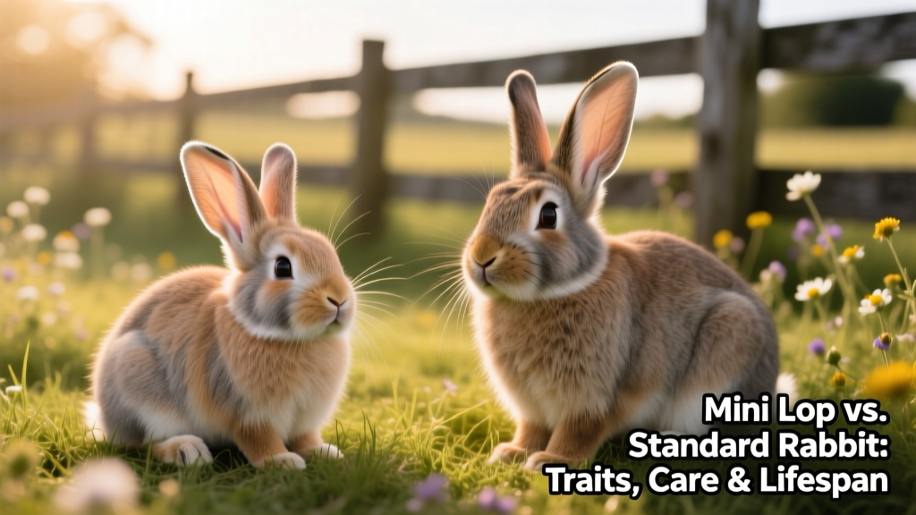 Side-by-side comparison showing a Mini Lop’s distinctive lopped ears and rounded body shape next to a standard-sized rabbit