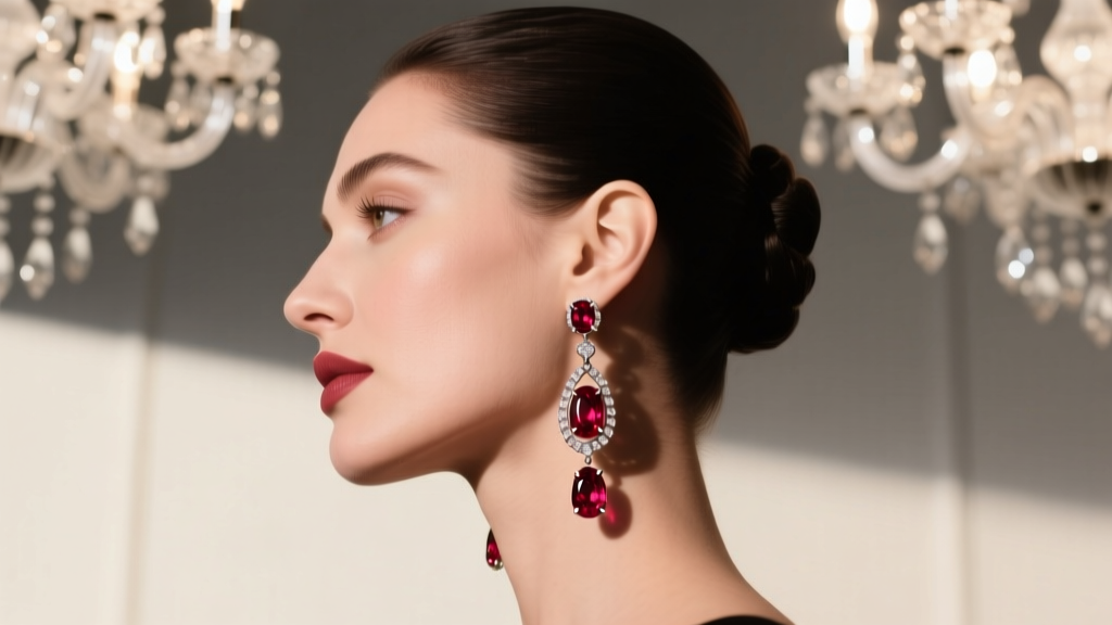 Side profile of a woman wearing long chandelier ruby dangle earrings at a formal evening gala, highlighting the leverback clasp.