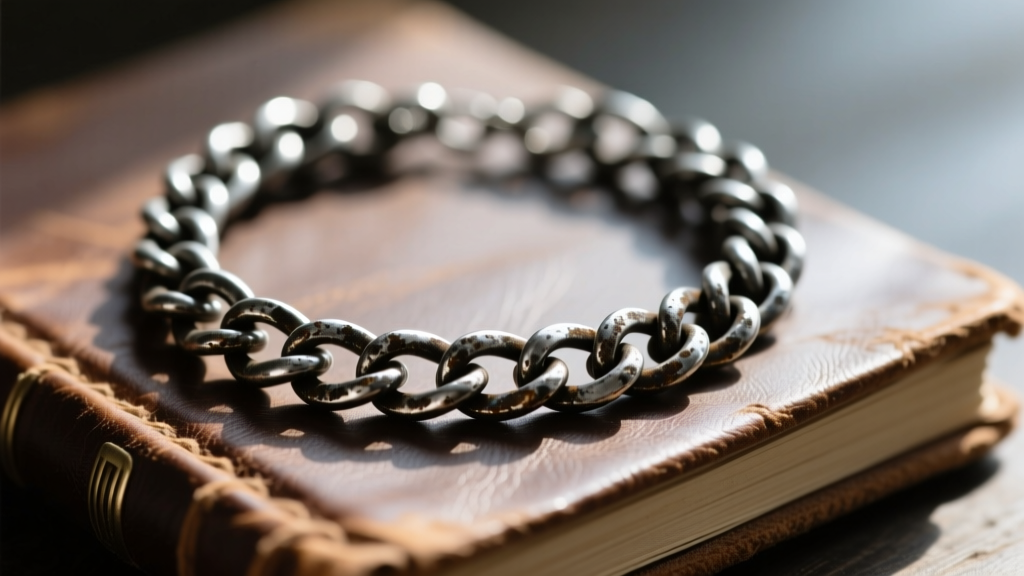Oxidized silver chainmail necklace on a leather journal, showing the dark patina trapped inside the intricate metal link grooves.