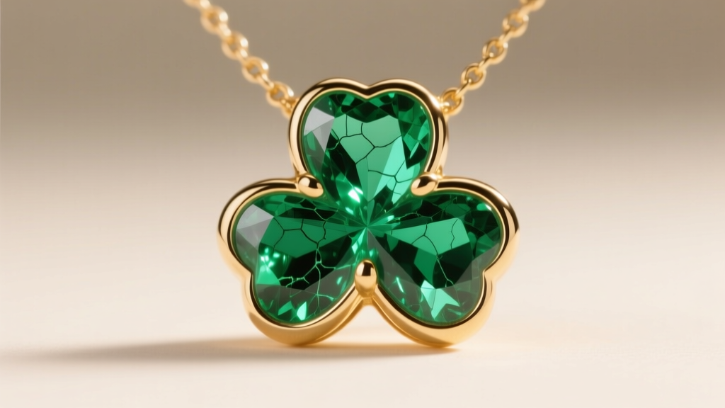 Macro photo of natural emerald jardin inclusions inside a 14k gold clover necklace, illuminated by soft, warm studio lighting.