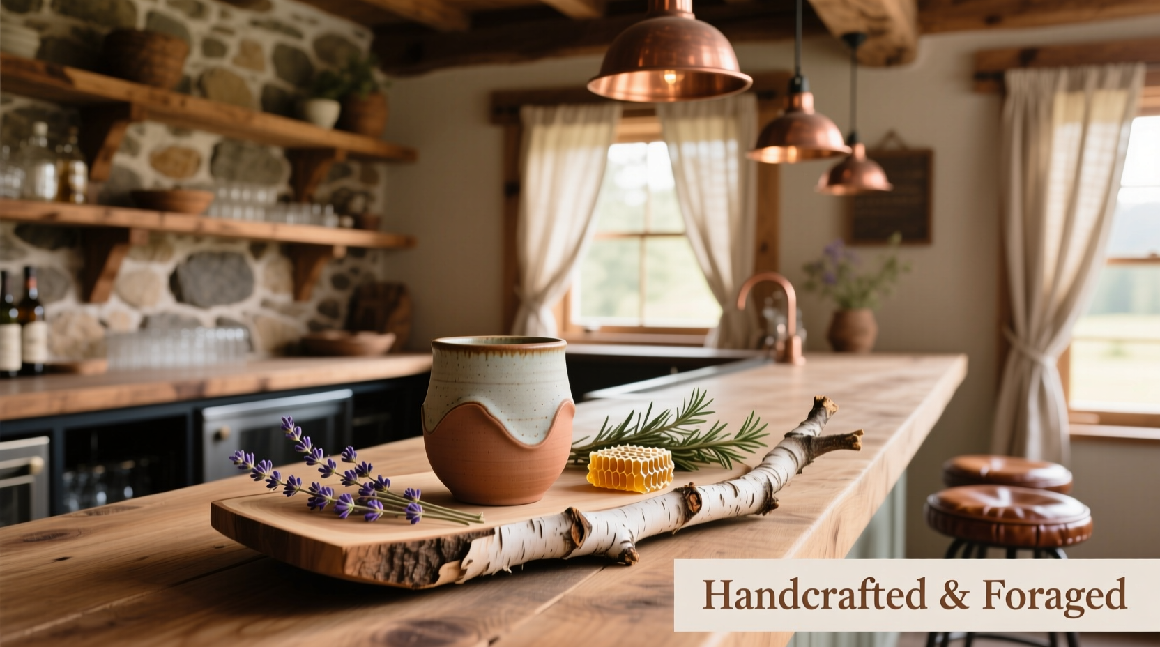 how to style a rustic bar with hand-thrown ceramic tumblers and foraged wood trays