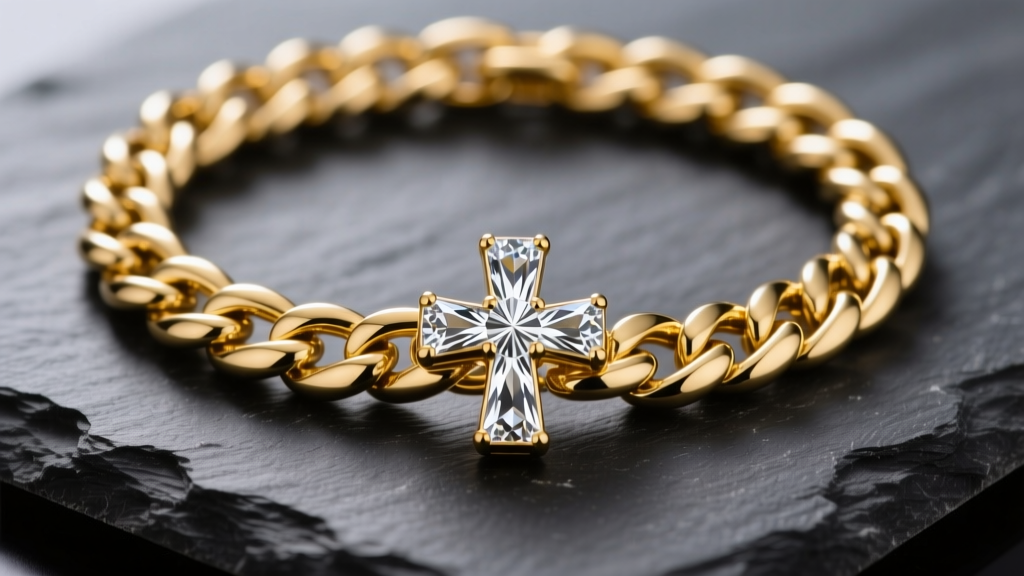 Close-up of a heavy 10mm 14k yellow gold Cuban link chain holding a solid diamond-cut cross pendant, resting on dark slate