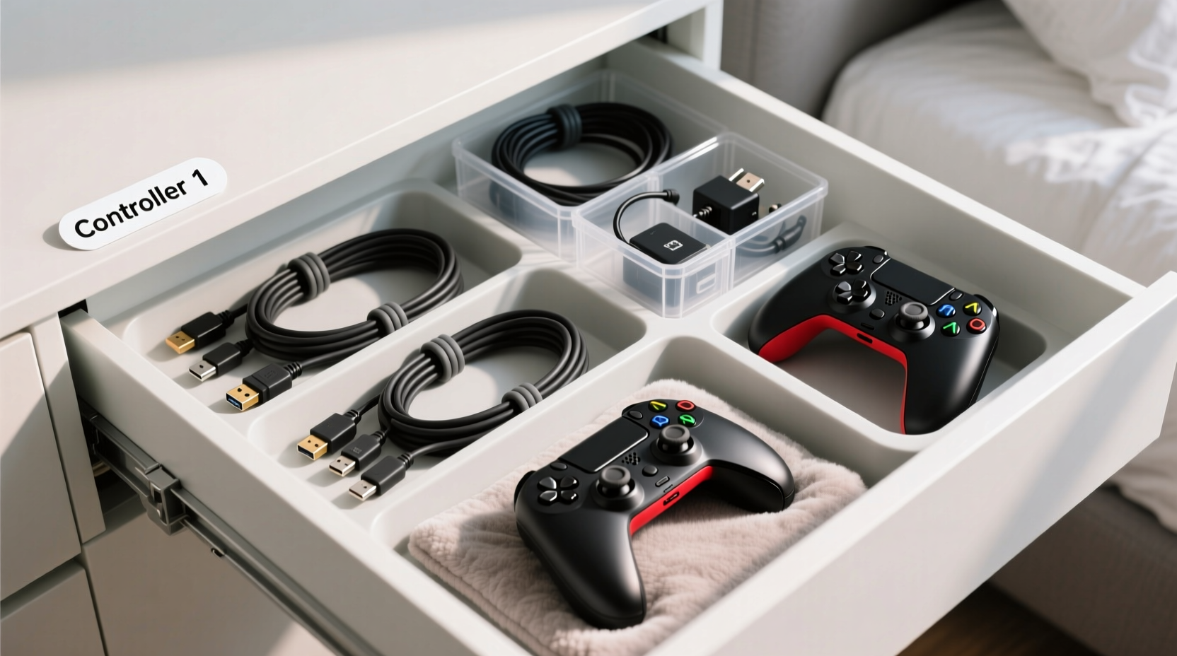 best way to organize game cables and controllers in a drawer